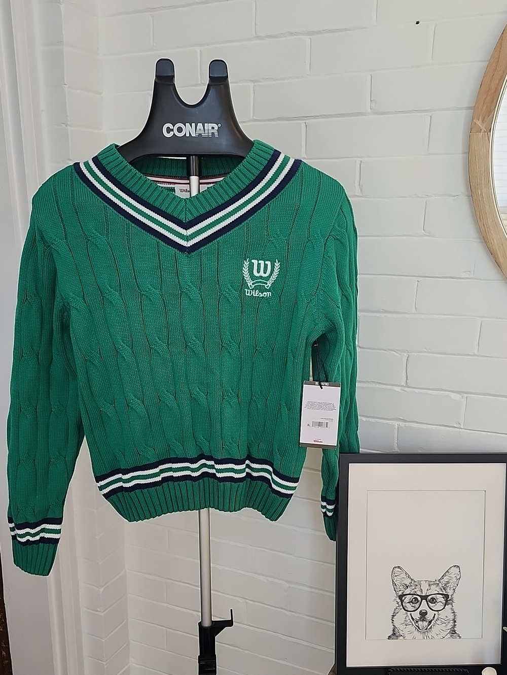 Wilson Green V-Neck Cable Knit Sweater with Striped Trim, Girls Xl 14/16